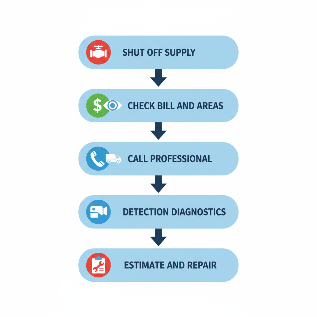 Vertical process flow illustrating five steps to address a hot water leak with icons and labels.