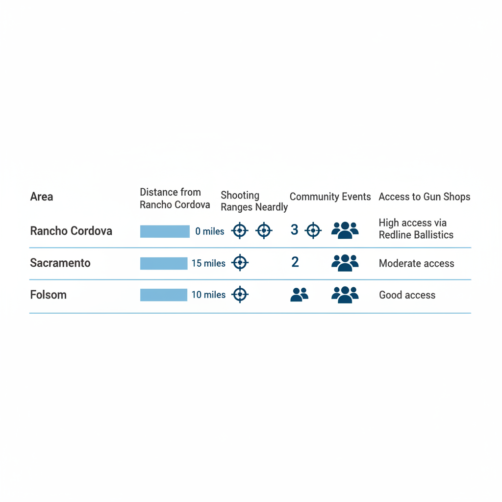 Infographic comparing key areas near Rancho Cordova for gun enthusiasts including distances, shooting ranges, community events, and gun shop access.