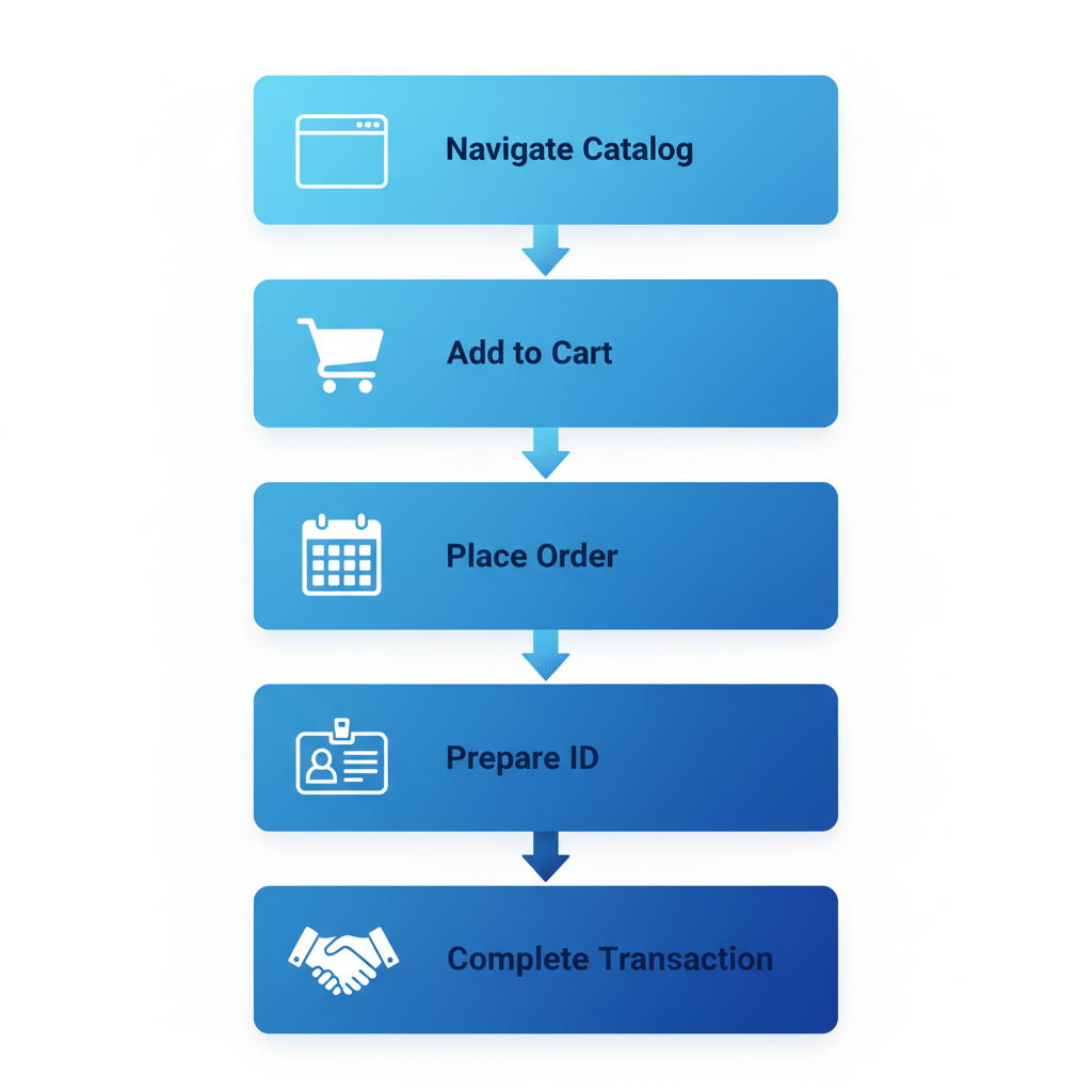 Vertical process flow diagram illustrating five steps to start ammunition purchases at a Rancho Cordova gun shop