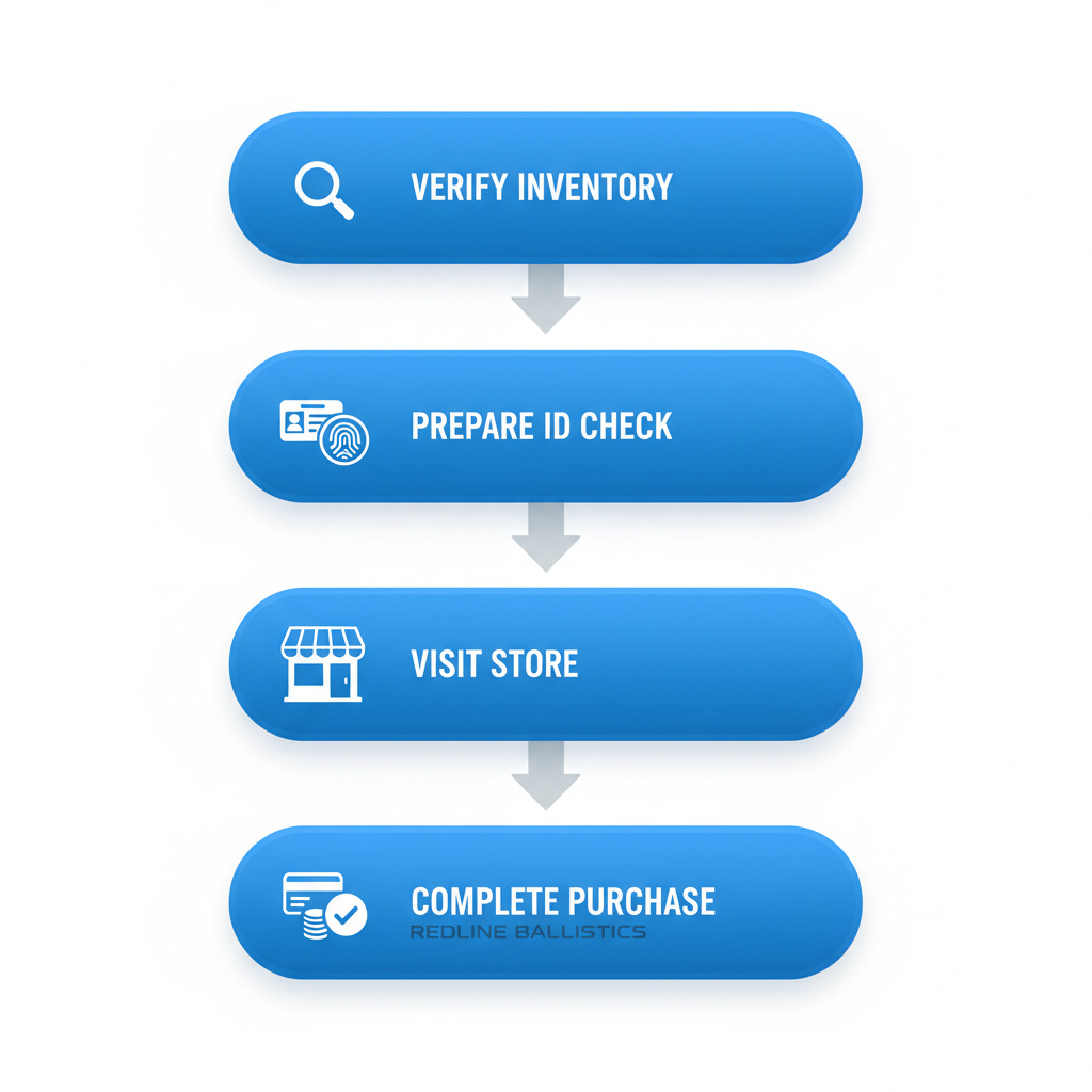 Vertical process flow diagram illustrating steps to purchase ammunition locally in California: verify inventory, prepare ID and background check, visit store or order, complete purchase.