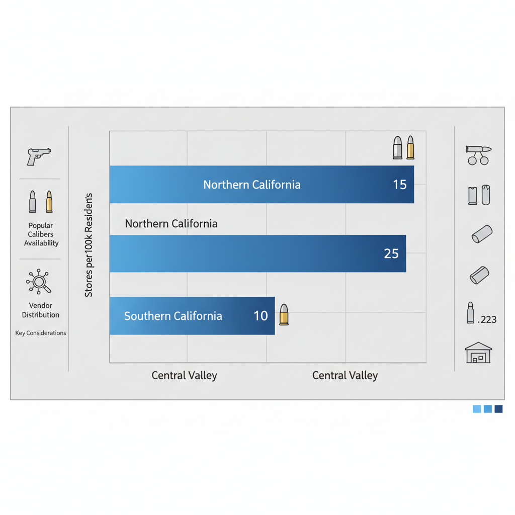 Horizontal bar chart depicting ammunition store density in California regions: 15 stores per 100k in Northern, 25 in Southern, 10 in Central Valley, with caliber icons.