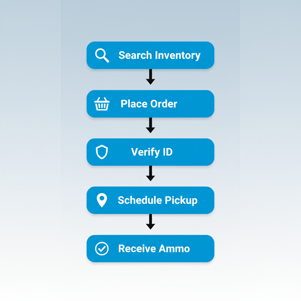 Vertical process flow illustrating five steps to legally access ammunition in California: search inventory, place order, verify ID, schedule pickup, and receive ammo.
