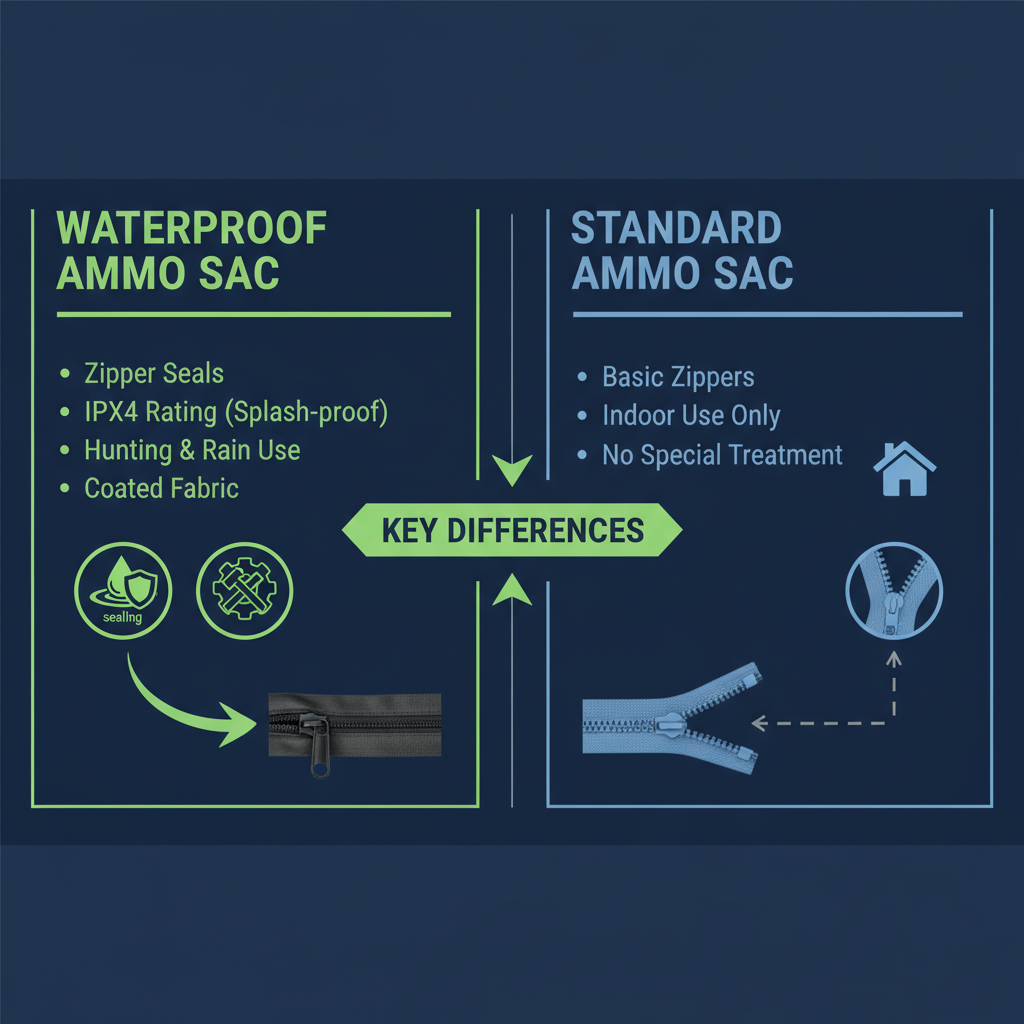 Infographic comparing waterproof and standard Ammo SAC models side by side with feature icons and difference highlights.