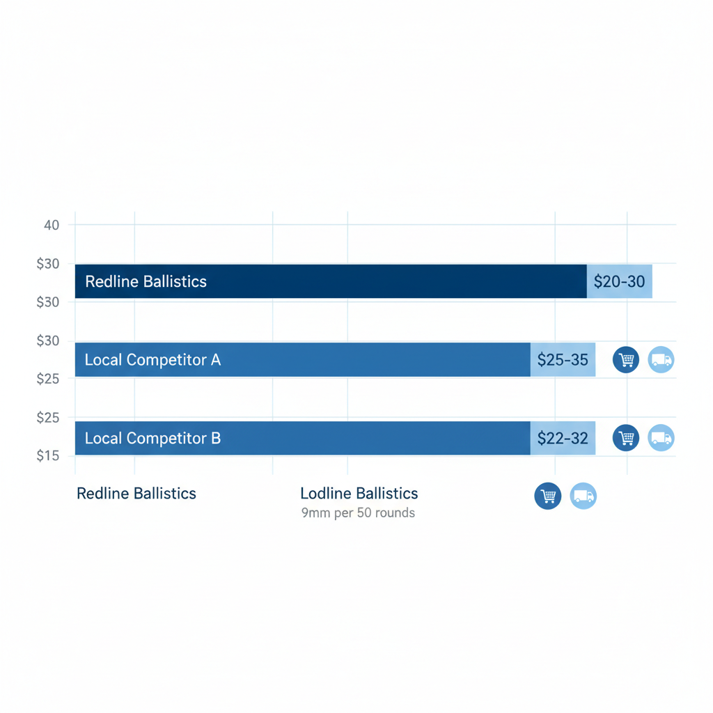 Horizontal bar chart comparing average 9mm ammunition prices per 50 rounds at Sacramento retailers: Redline Ballistics, Competitor A, and Competitor B, with icons for pickup and delivery.
