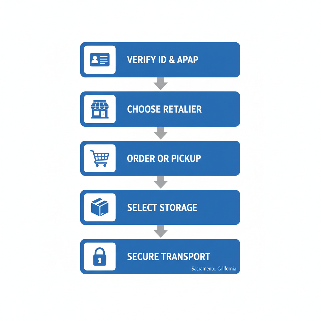 Vertical process flow diagram illustrating five key steps for safely acquiring and storing ammunition in Sacramento