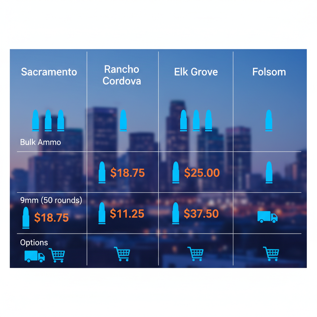 Infographic comparing ammunition options and availability across Sacramento, Rancho Cordova, Elk Grove, and Folsom areas, featuring icons for bulk ammo, 9mm, pricing, and delivery.