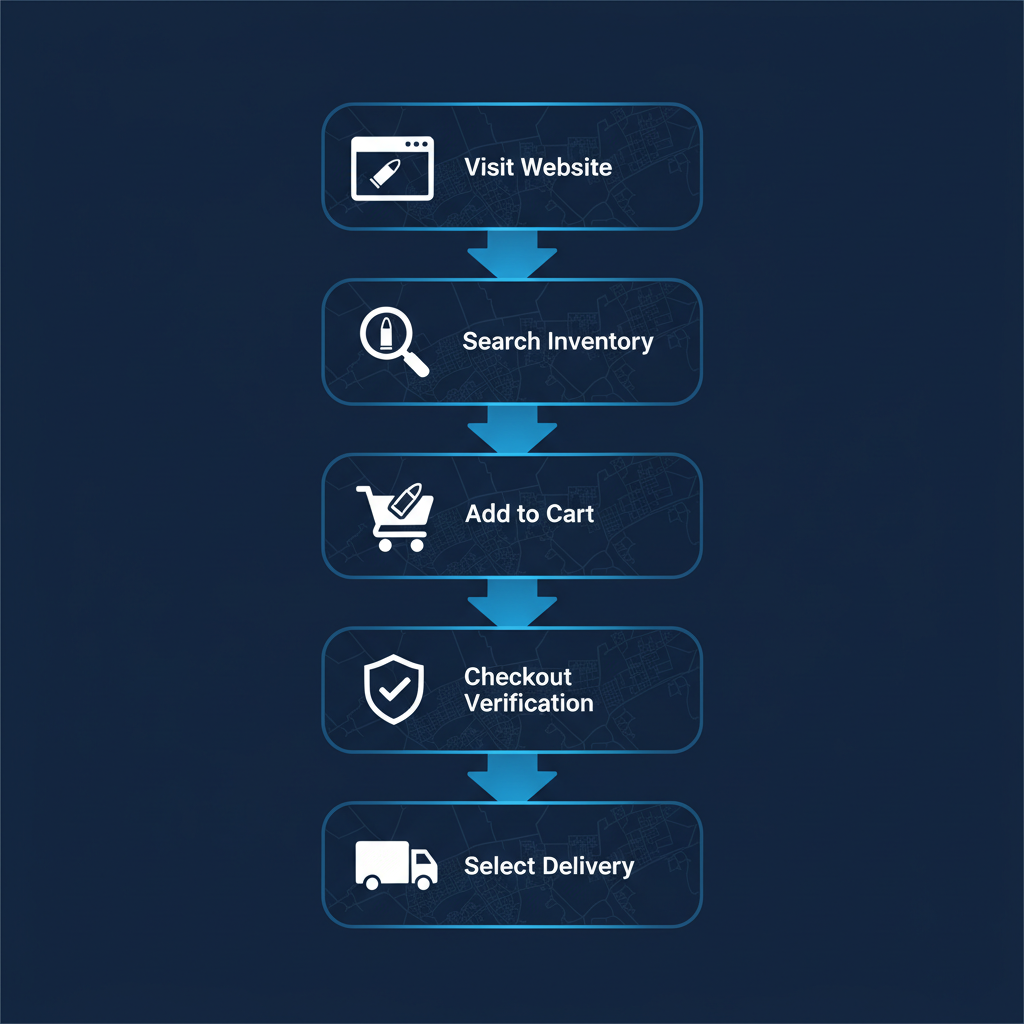 Vertical process flow diagram showing five steps for purchasing ammunition in Sacramento: visiting website, searching inventory, adding to cart, completing checkout with verification, and selecting pickup or delivery.