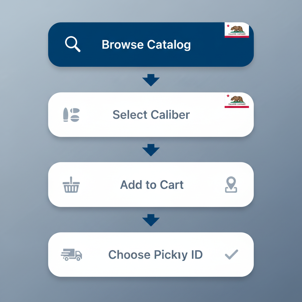 Vertical process flow illustrating steps for purchasing ammunition in Citrus Heights, including browsing, selection, cart, delivery options, and verification
