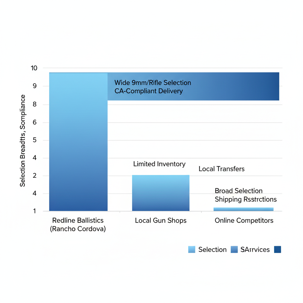 Bar chart comparing ammunition retailers in Citrus Heights by selection breadth, services, and compliance ratings.