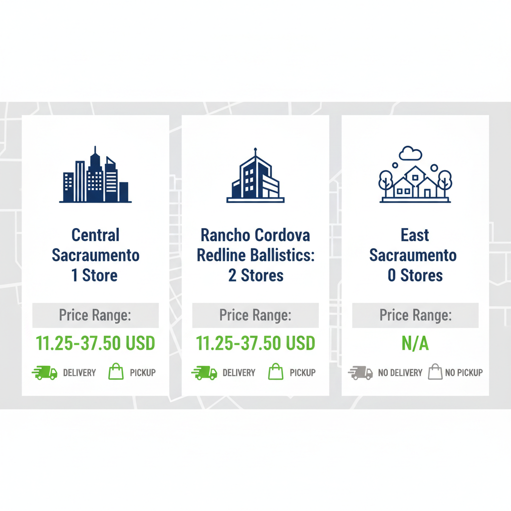 Infographic comparing ammunition availability in Central Sacramento, Rancho Cordova, and East Sacramento areas with icons, price ranges, and pickup delivery options.