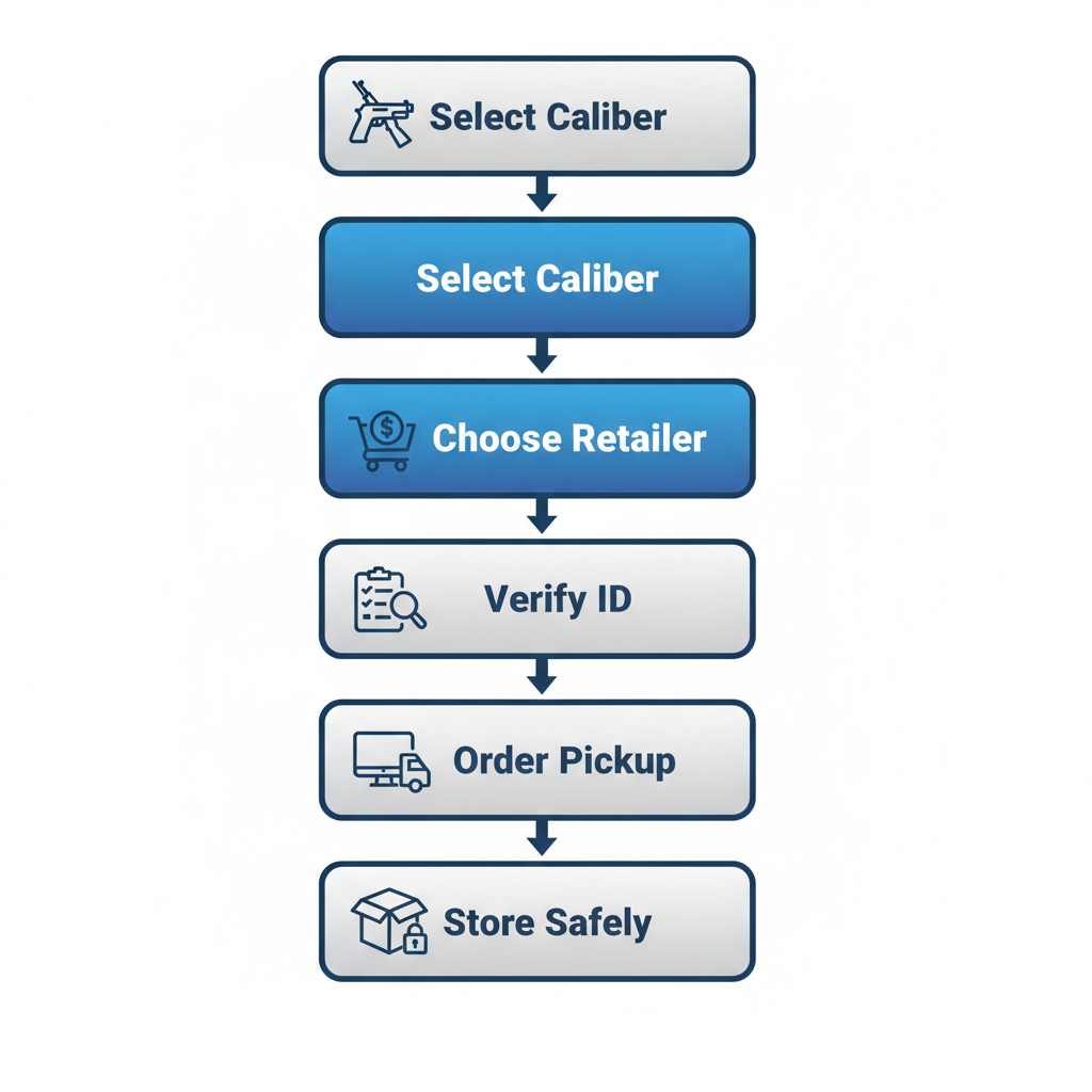 Vertical process flow diagram illustrating five steps to start ammunition purchases in Sacramento with safety icons.
