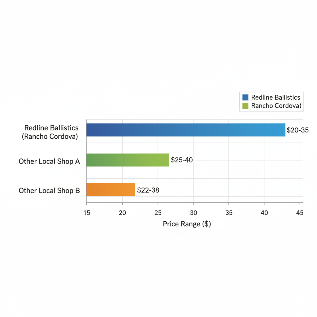 Horizontal bar chart comparing average ammunition prices per 50 rounds at top Sacramento-area stores