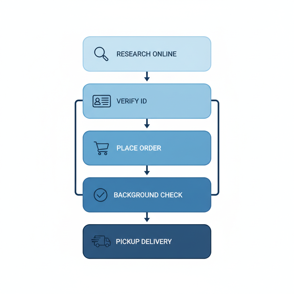 Vertical process flow diagram illustrating five key steps to purchase ammunition in Sacramento, from research to delivery.