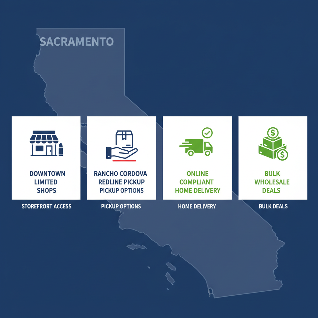 Infographic illustrating key areas for ammunition access in Sacramento: downtown shops, local pickup, online delivery, and bulk deals.