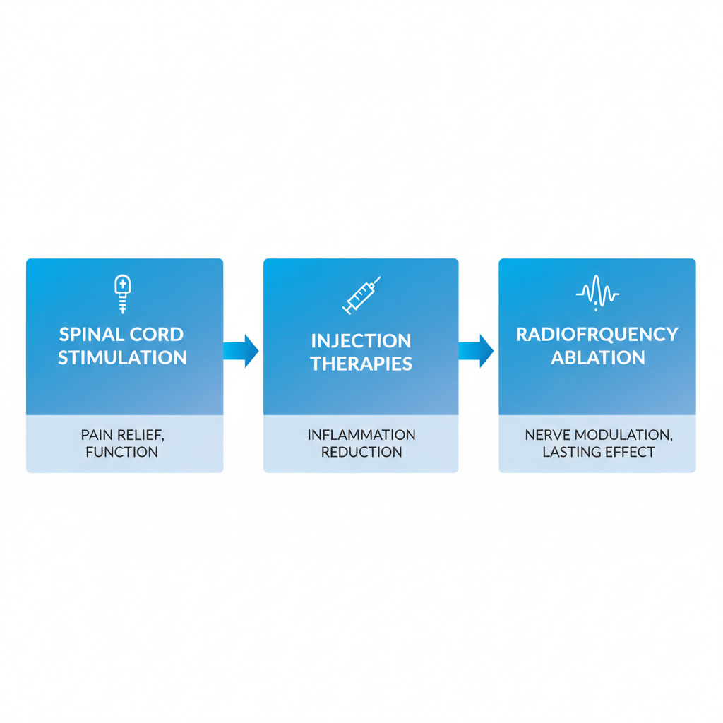 Horizontal process flow diagram showing advanced treatments for post-surgical back pain with three stages: spinal cord stimulation, injection therapies, and radiofrequency ablation.