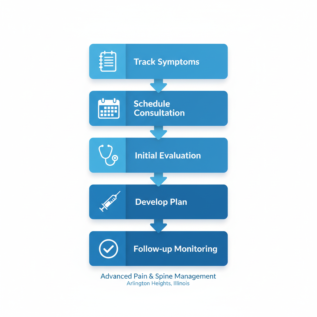 Vertical process flow diagram illustrating five steps to address neck pain, from tracking symptoms to follow-up monitoring