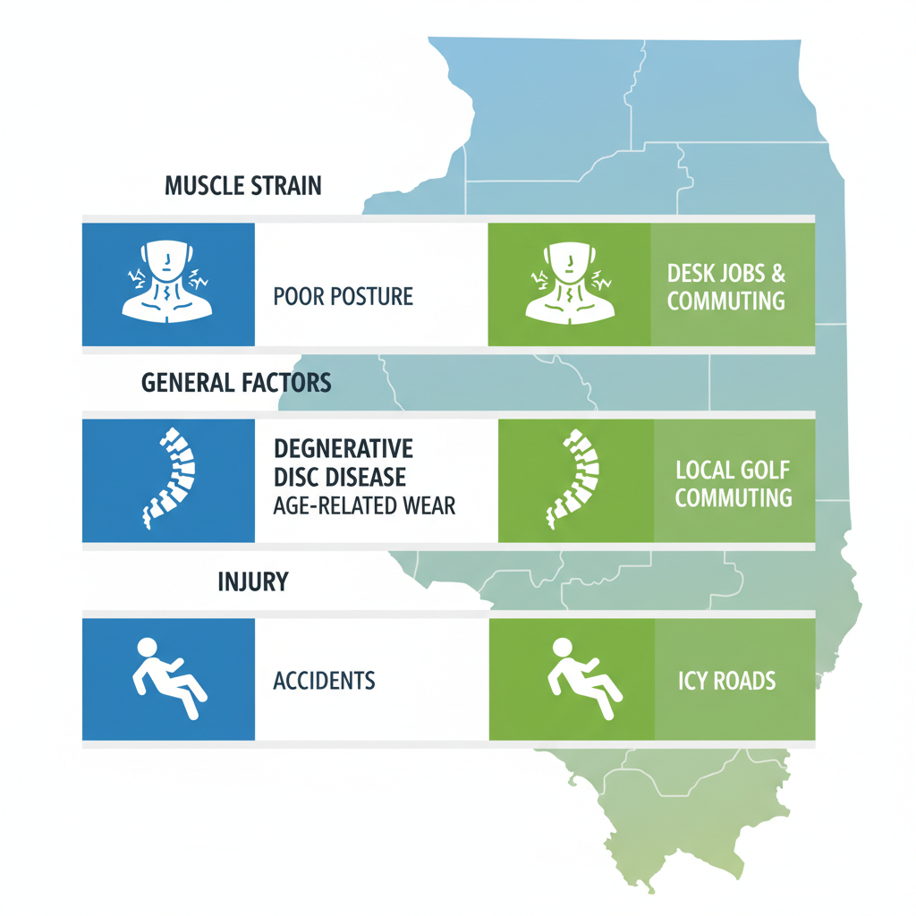 Infographic comparing general and Arlington Heights-specific causes of neck pain with icons and minimal labels