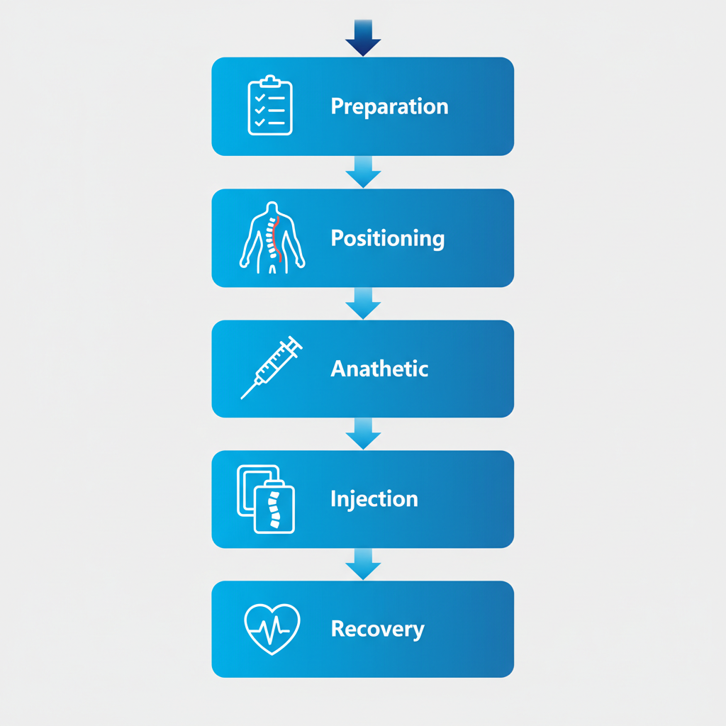 Step-by-step visual guide to back pain injection procedure with five connected stages and icons.