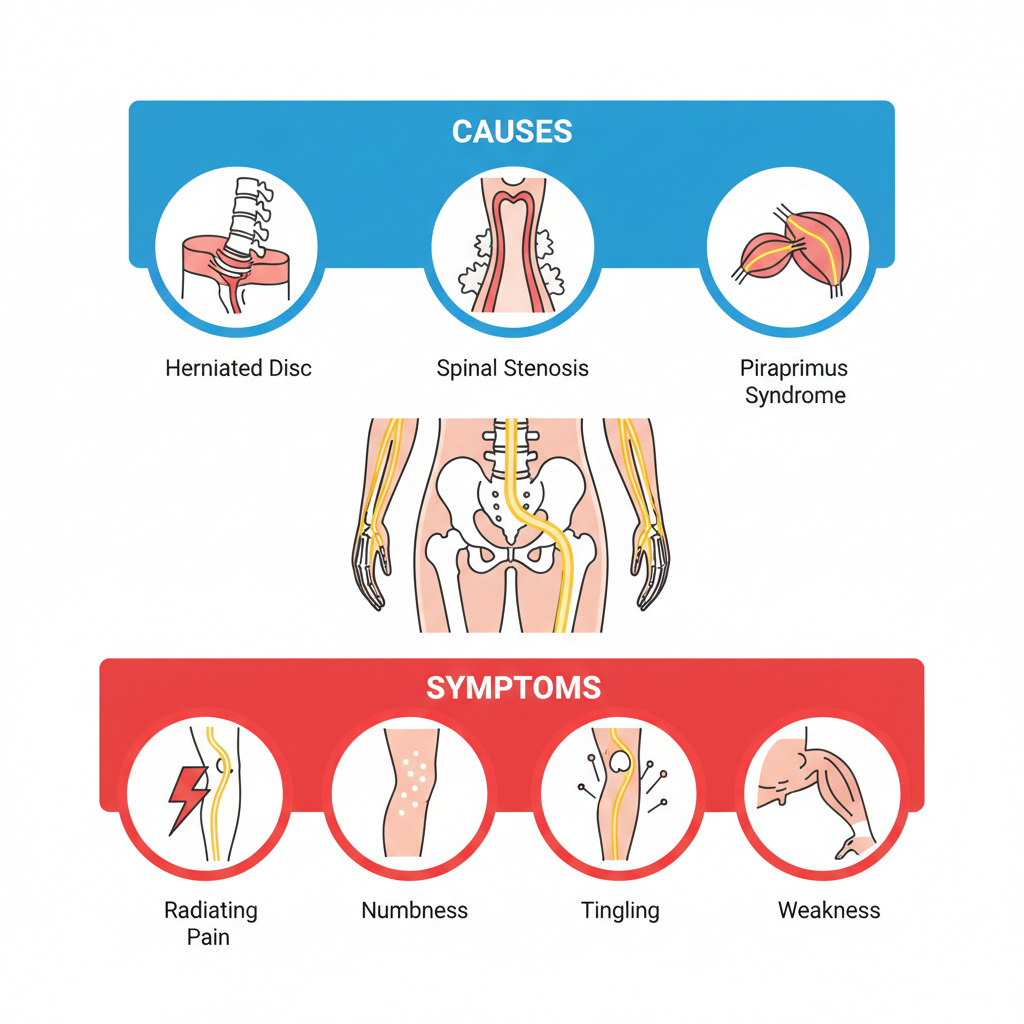Infographic illustrating sciatica causes like herniated disc and symptoms such as radiating pain with icons and anatomy diagram