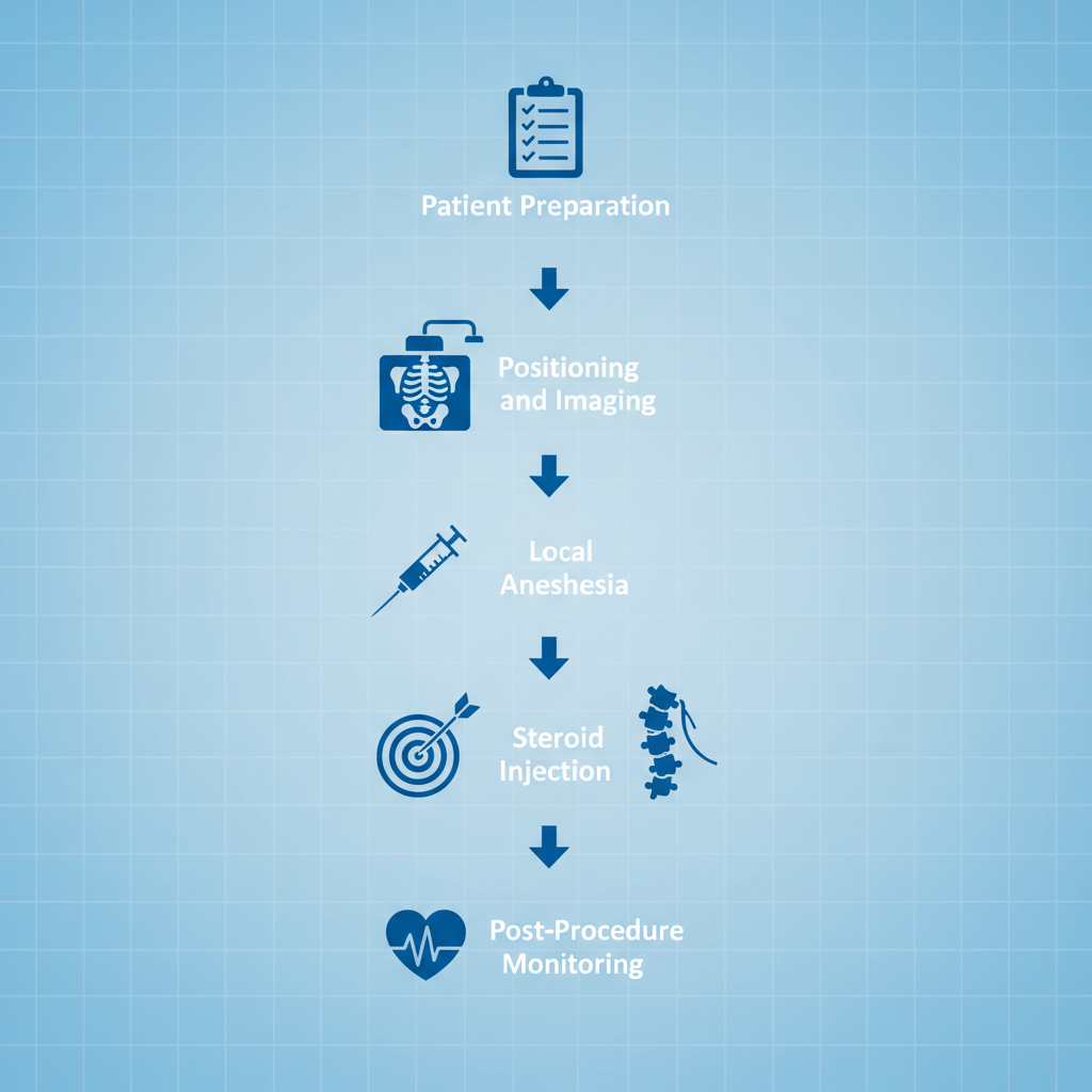 Vertical process flow diagram of epidural steroid injection stages for sciatica treatment