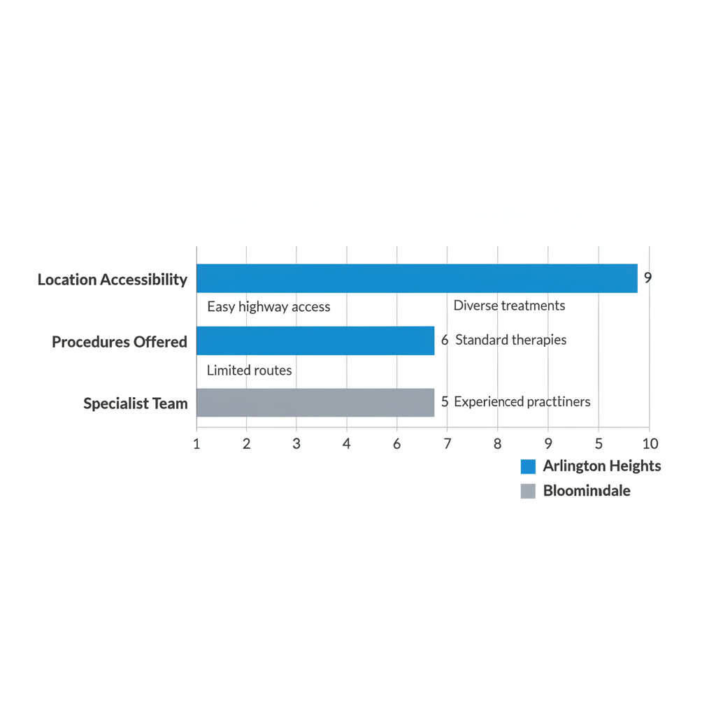 Horizontal bar chart comparing pain management features: higher ratings in Arlington Heights for accessibility, procedures, and specialist team versus Bloomingdale