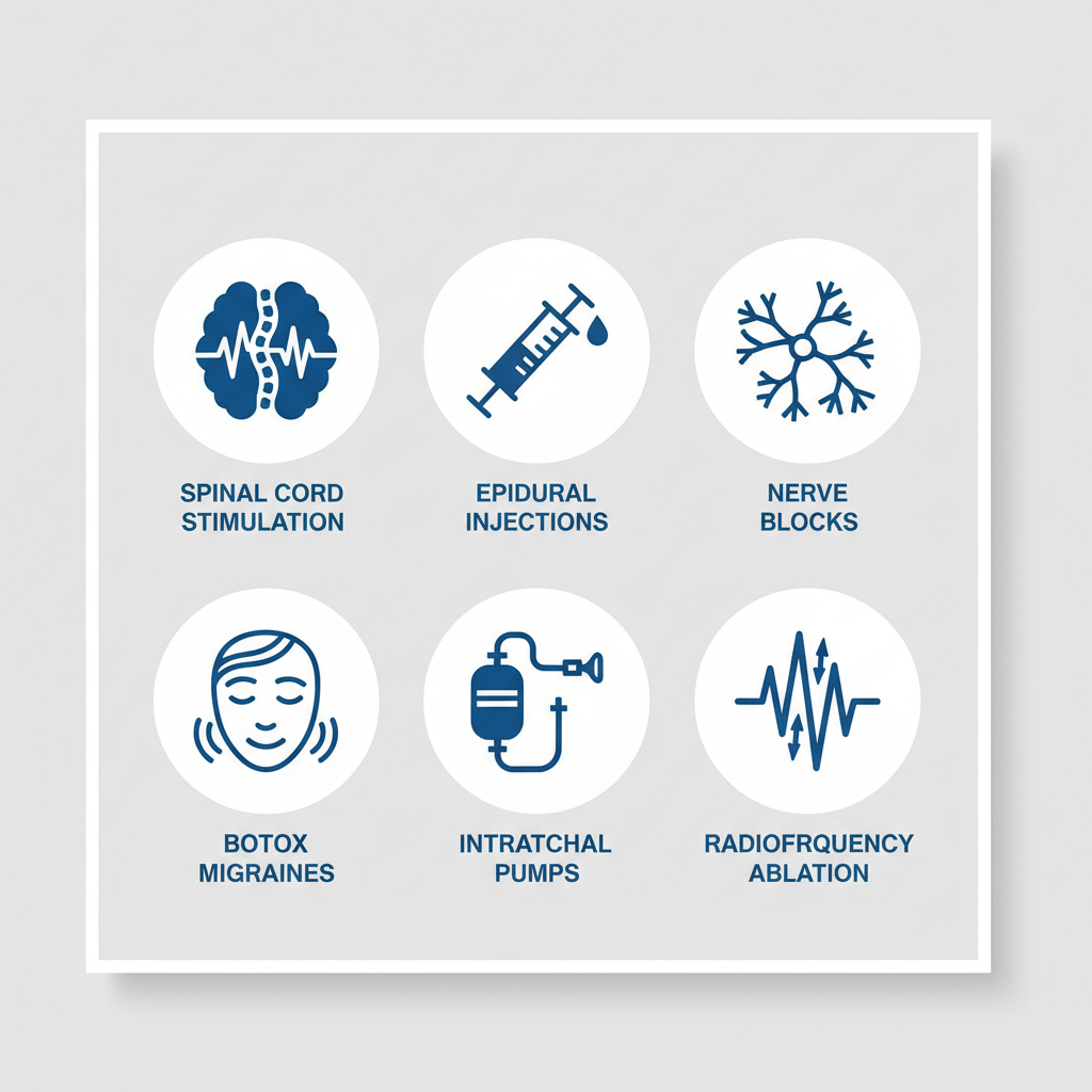 Grid of six flat blue icons illustrating key pain management services including spinal cord stimulation, injections, and nerve blocks.