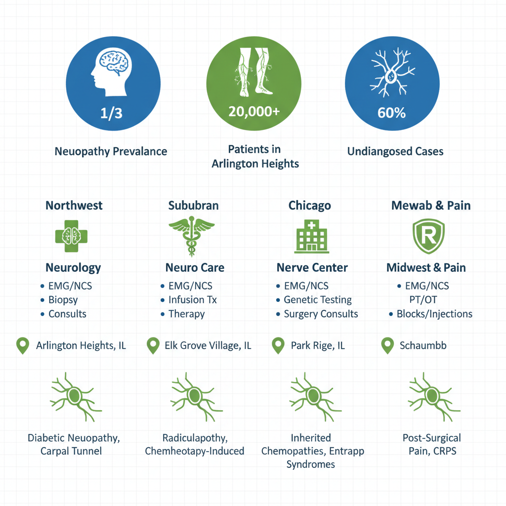 Infographic comparing four local clinics for neuropathic pain management in Arlington Heights, including services, locations, specialties, and prevalence stats with medical icons.