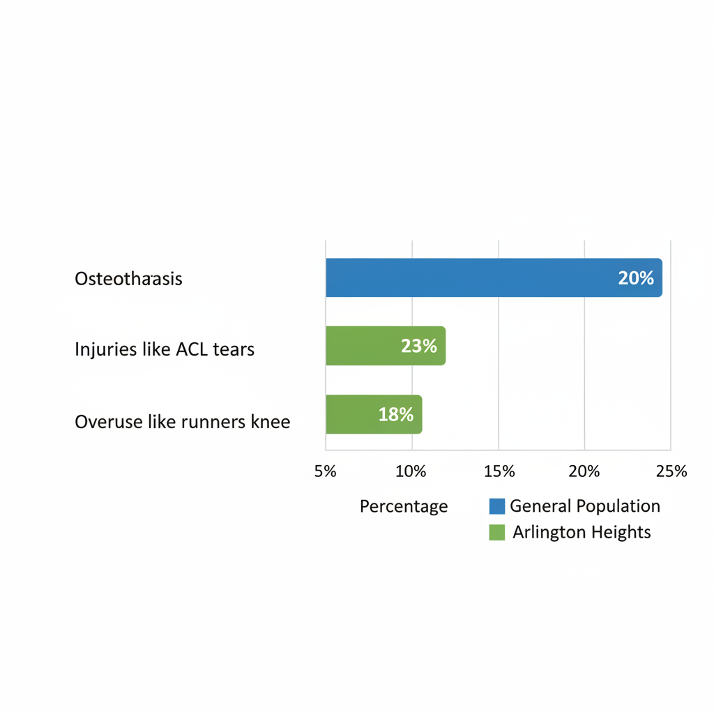 Horizontal bar chart comparing common causes of knee pain between general population and Arlington Heights area, showing percentages for osteoarthritis, injuries, and overuse.