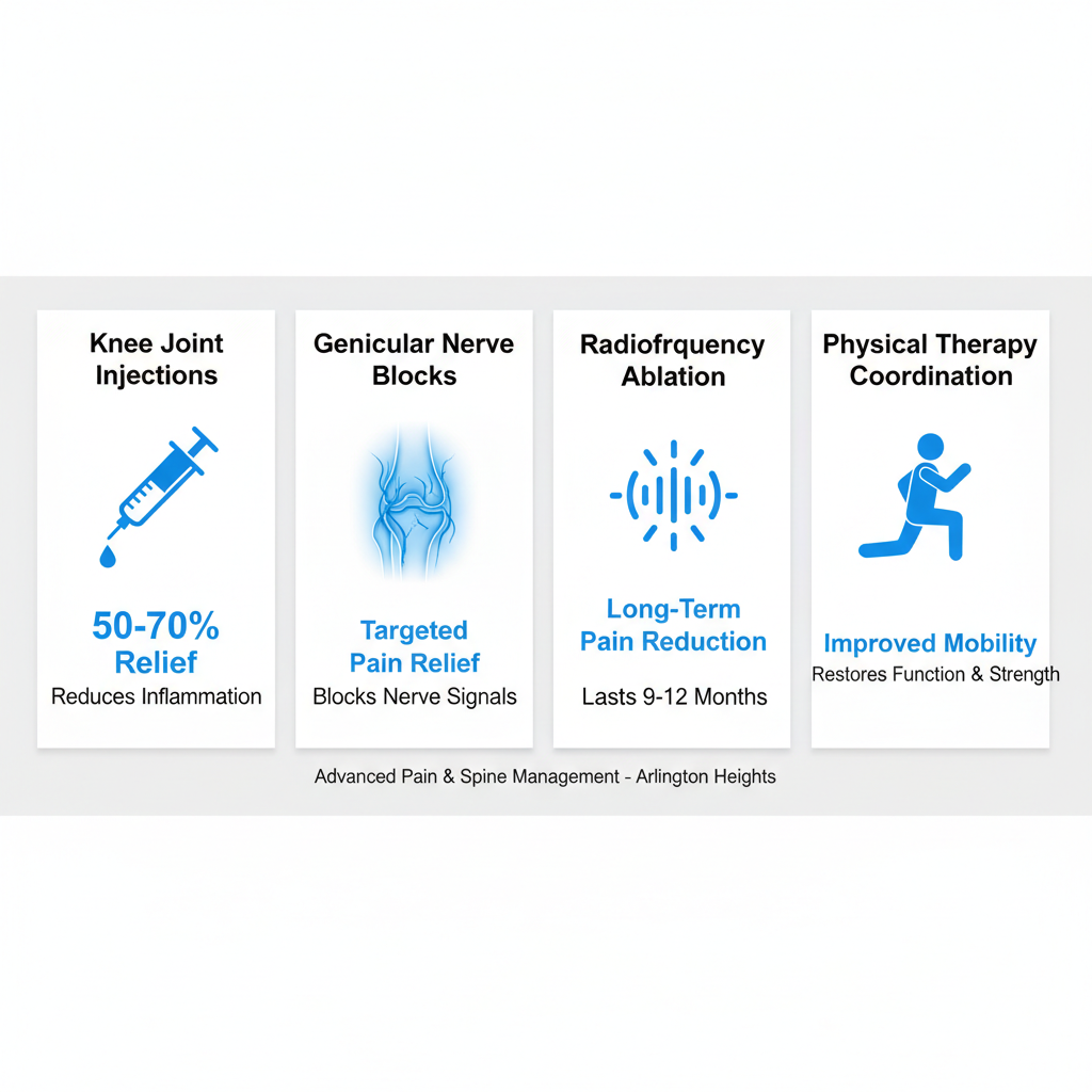 Infographic depicting four non-surgical treatments for knee pain: injections, nerve blocks, radiofrequency ablation, and physical therapy coordination.