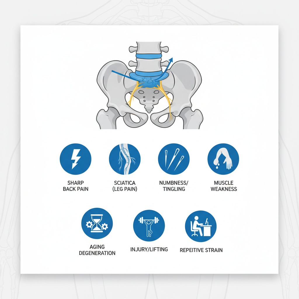 Infographic depicting diagram of herniated disc in spine, icons for symptoms like pain and numbness, and causes like aging and injury.