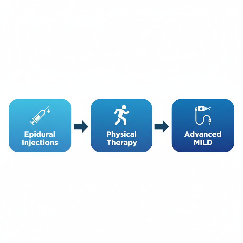Horizontal process flow diagram illustrating three key non-surgical treatments for herniated discs: epidural injections, physical therapy, and advanced procedures.