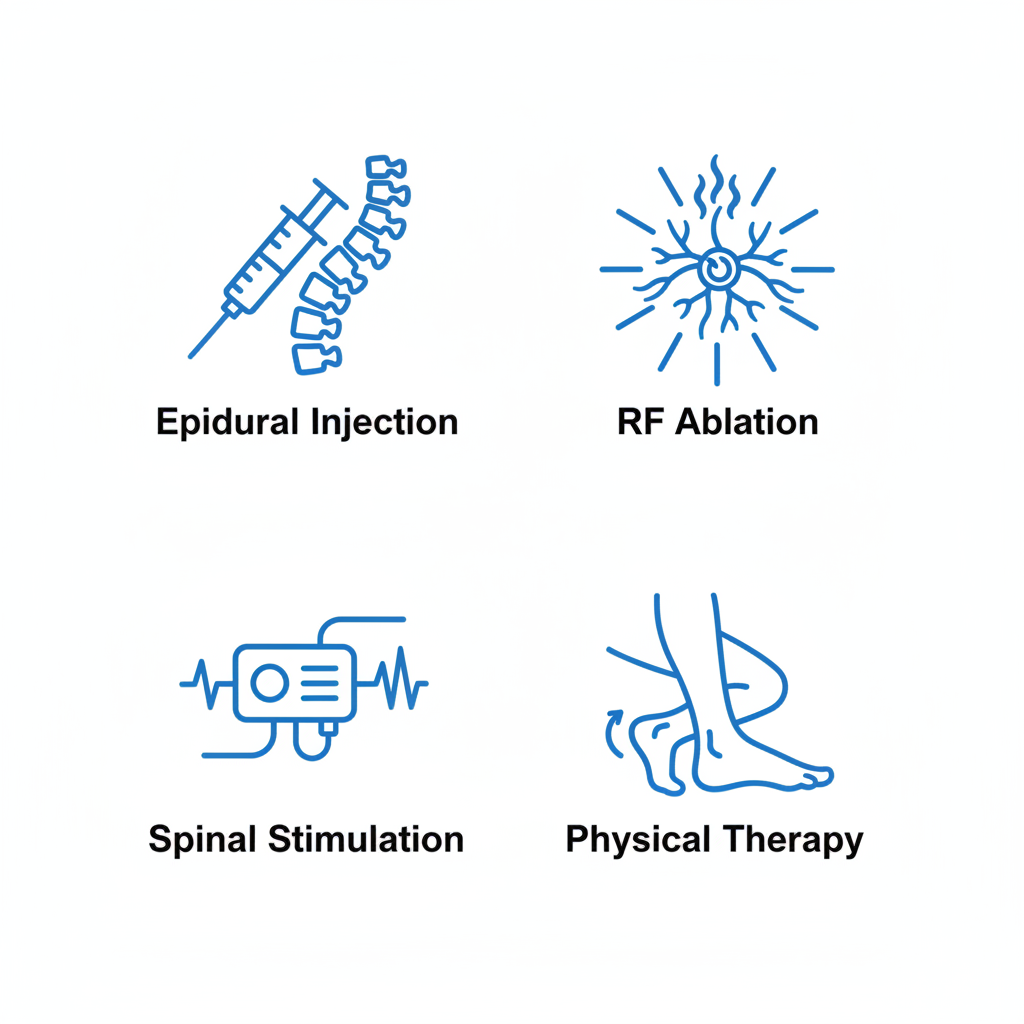 Grid of icons showing nonsurgical foot pain treatments including epidural injection, RF ablation, spinal stimulation, and physical therapy.
