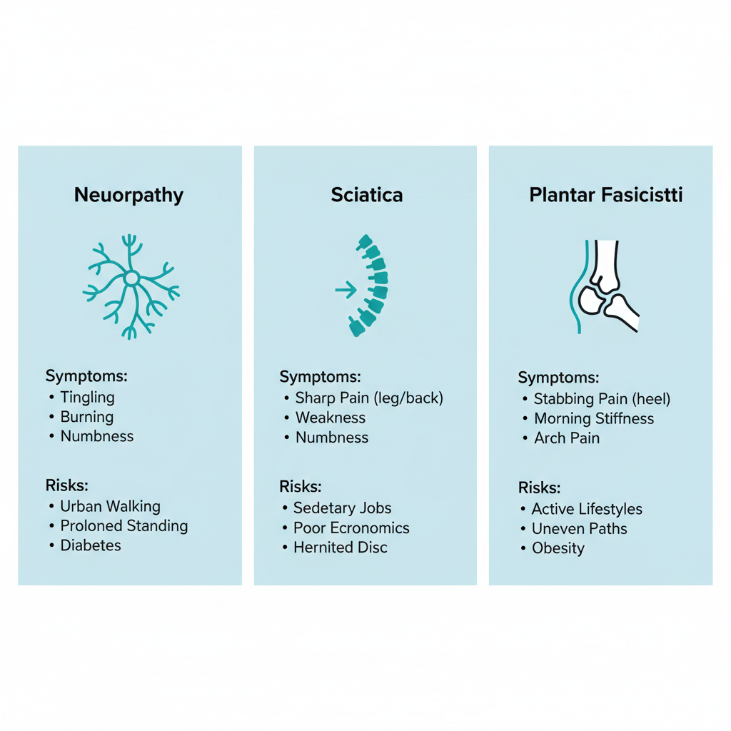 Infographic comparing three common foot pain causes: neuropathy with nerve icon, sciatica with arrow from spine to foot, and plantar fasciitis with heel icon, showing symptoms and risks on light blue background.