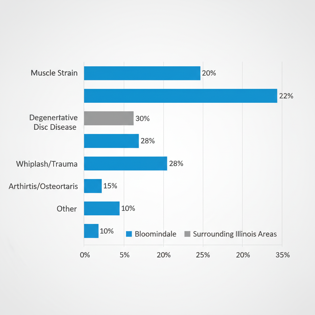 Horizontal bar chart comparing neck pain prevalence by cause in Bloomingdale and surrounding Illinois areas