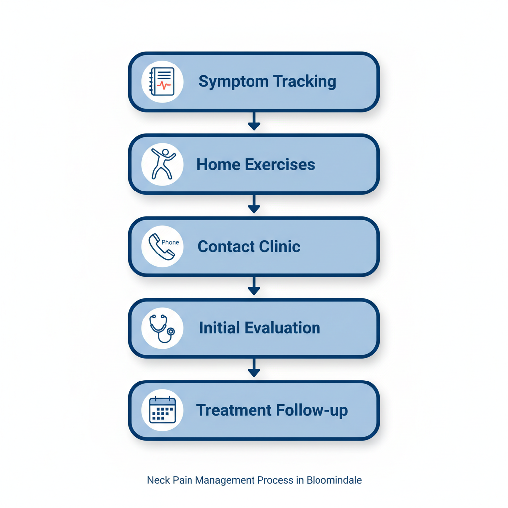 Vertical process flow diagram illustrating five steps to manage neck pain: tracking symptoms, home exercises, contacting clinic, evaluation, and treatment.