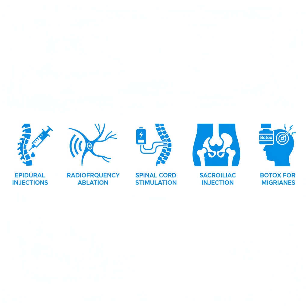 Square grid of icons illustrating pain management services: epidural injections, radiofrequency ablation, spinal cord stimulation, sacroiliac injections, and Botox for migraines.