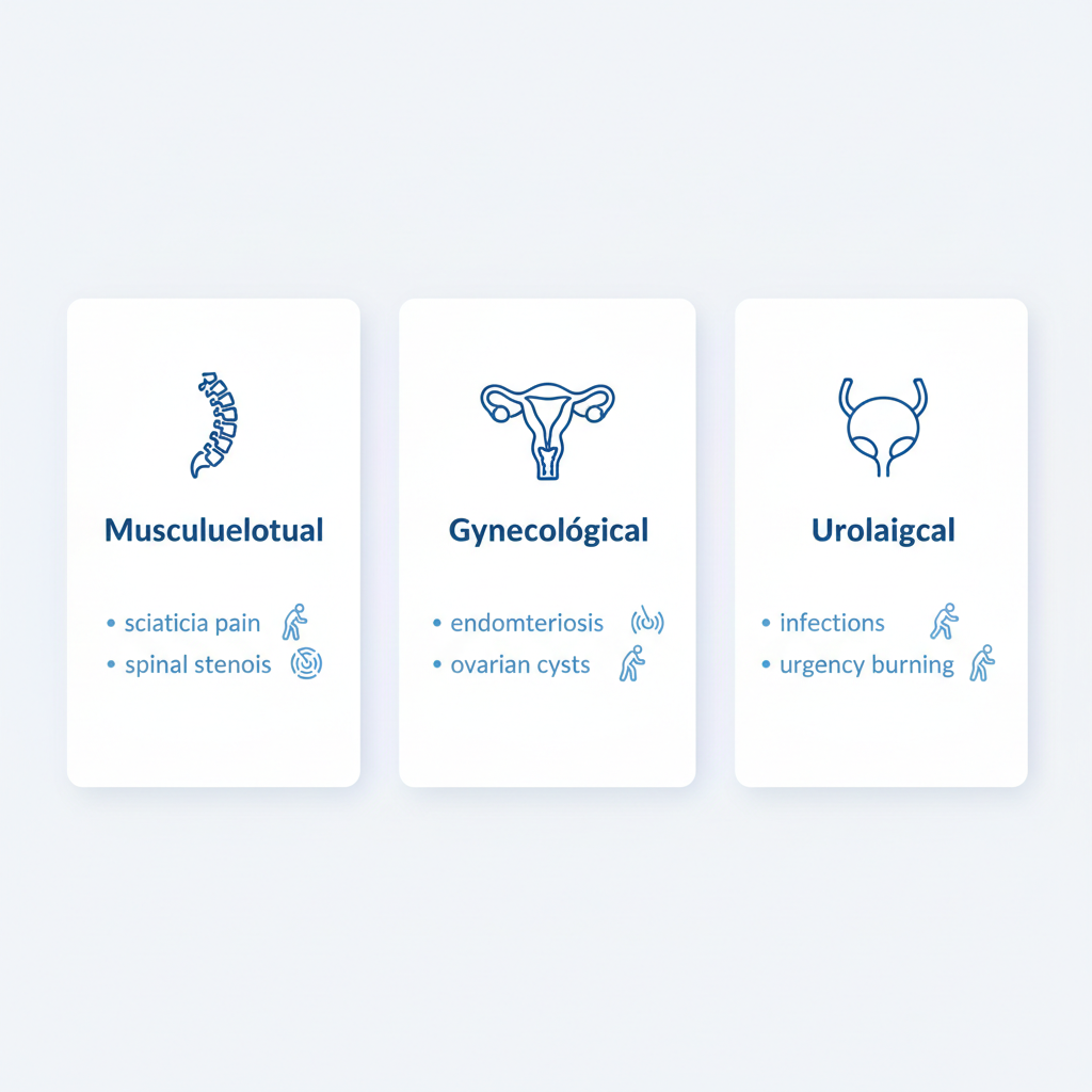 Infographic illustrating common causes of pelvic pain categorized into musculoskeletal, gynecological, and urological factors with icons and minimal labels