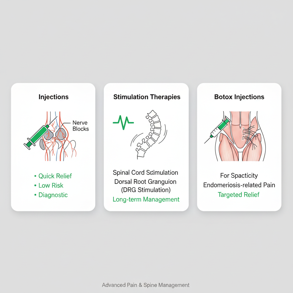 Infographic comparing three minimally invasive treatments for pelvic pain: injections, stimulation therapies, and Botox, with icons and key benefits.