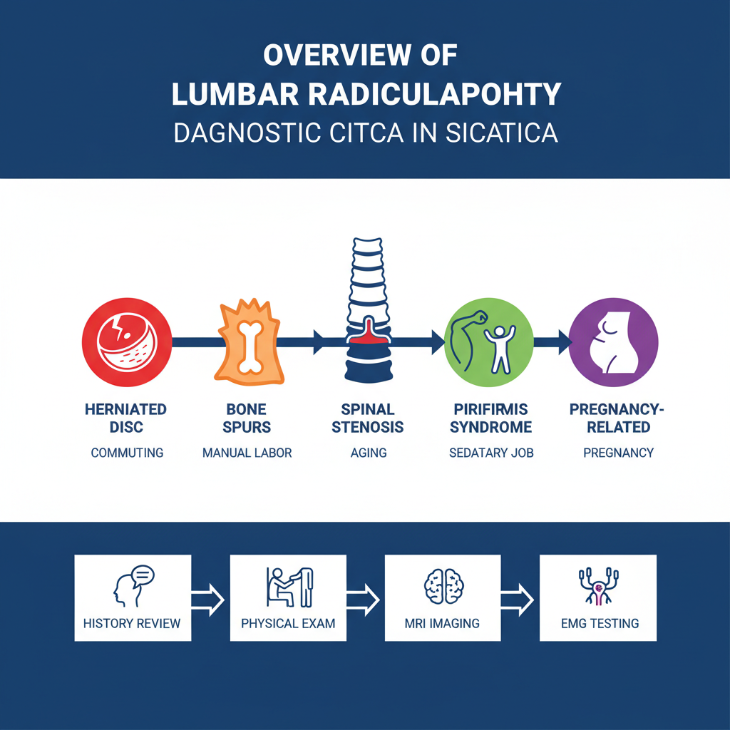 Infographic showing causes of sciatica like herniated disc and bone spurs on spine diagram, plus diagnosis steps including MRI and EMG in Bloomingdale context