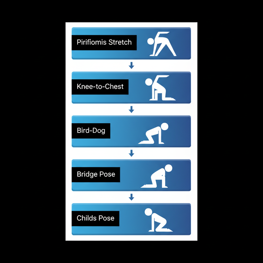 Vertical process flow diagram illustrating five key exercises for sciatica management including piriformis stretch, knee-to-chest stretch, bird-dog, bridge pose, and child's pose.