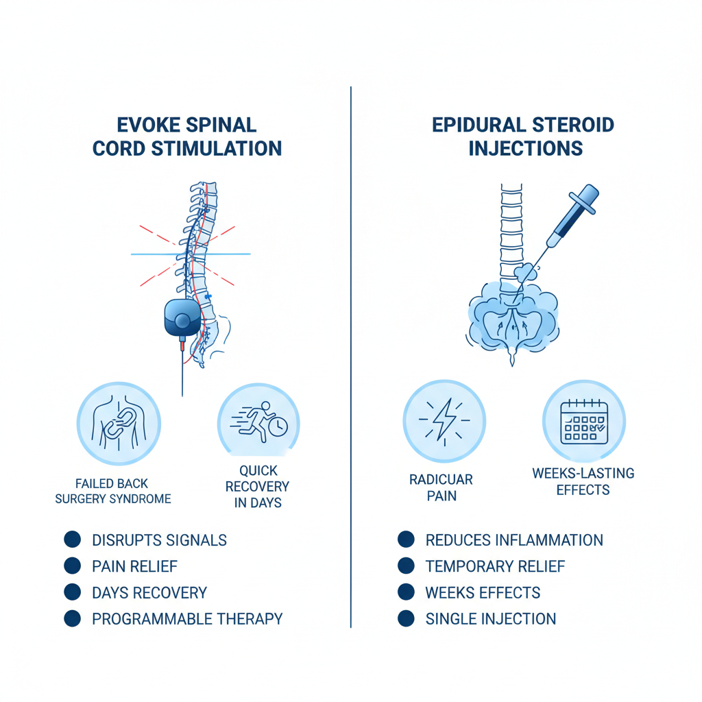 Infographic comparing spinal cord stimulation and epidural injections for post-surgical back pain management