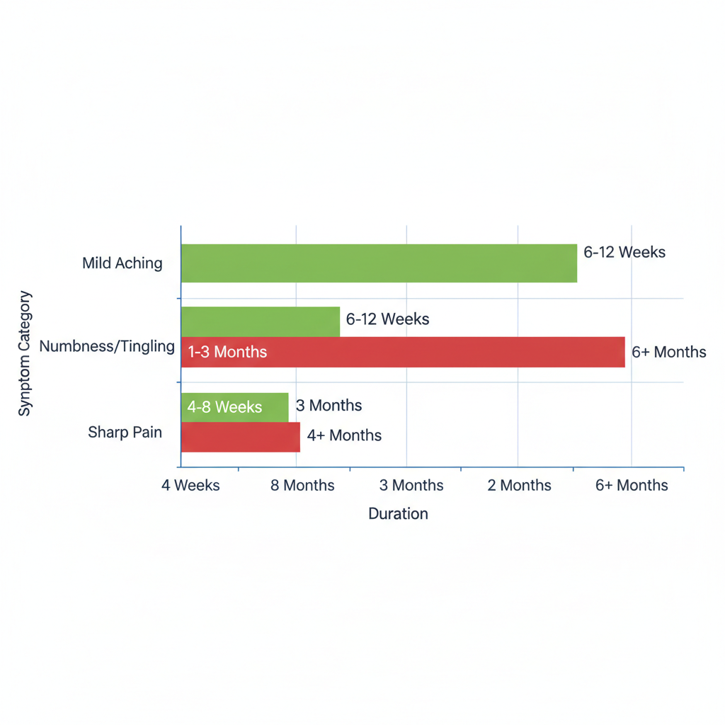 Horizontal bar chart comparing normal green bars and concerning red bars for post-surgical back pain symptoms like mild aching, numbness, and sharp pain with duration labels.