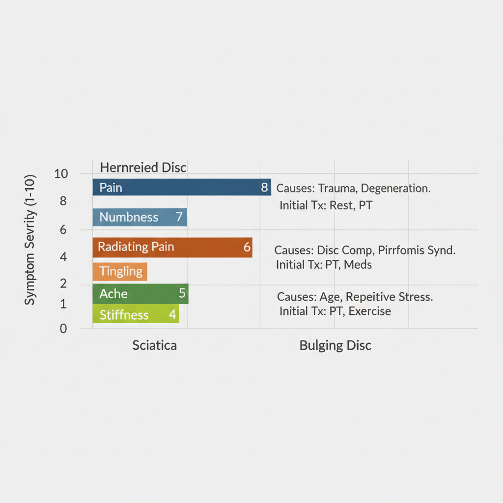 Bar chart comparing symptom severity of herniated disc, sciatica, and bulging disc in Bloomingdale, with data labels for causes and treatments