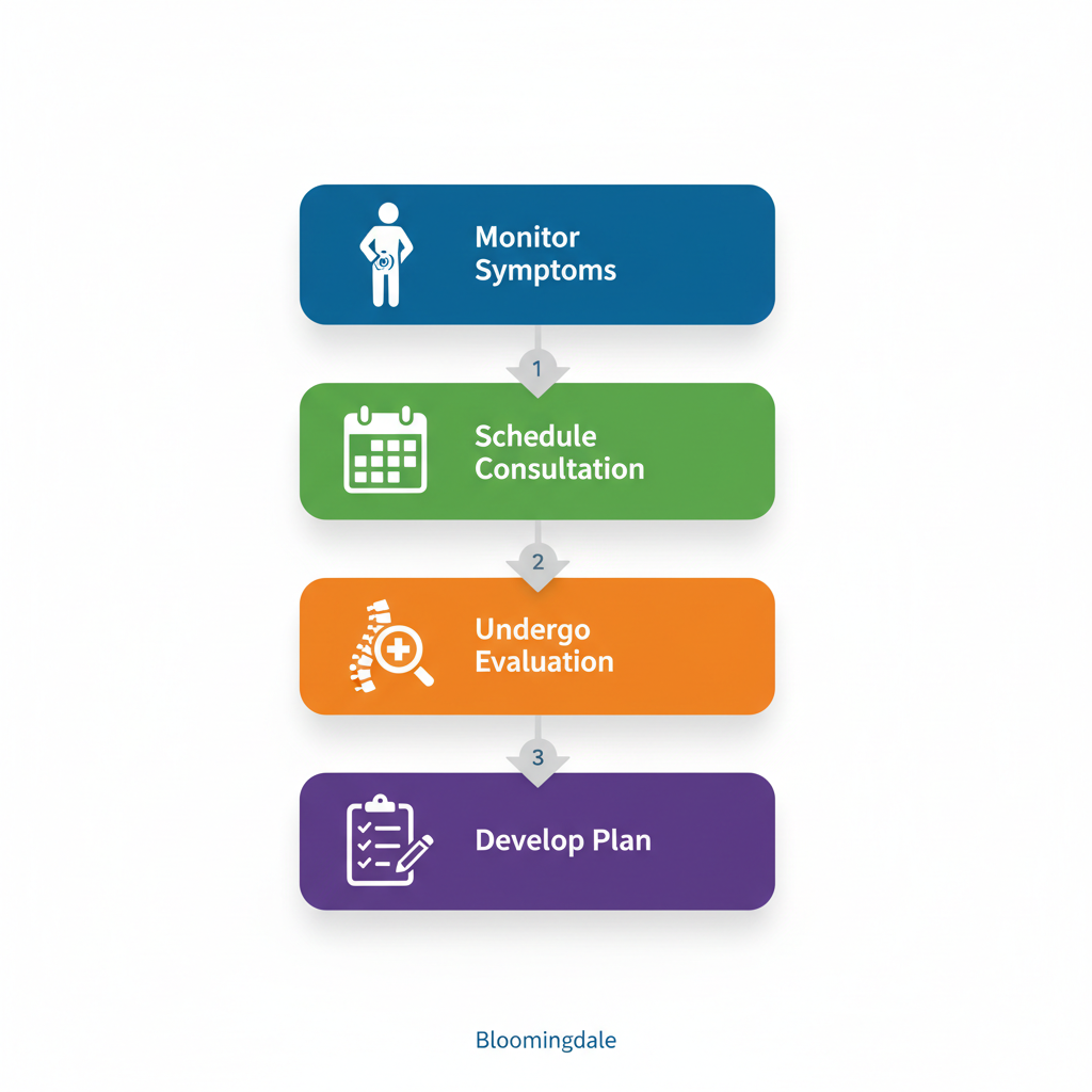 Vertical process flow diagram showing four steps to address herniated discs: monitor symptoms, schedule consultation, undergo evaluation, and develop personalized plan.