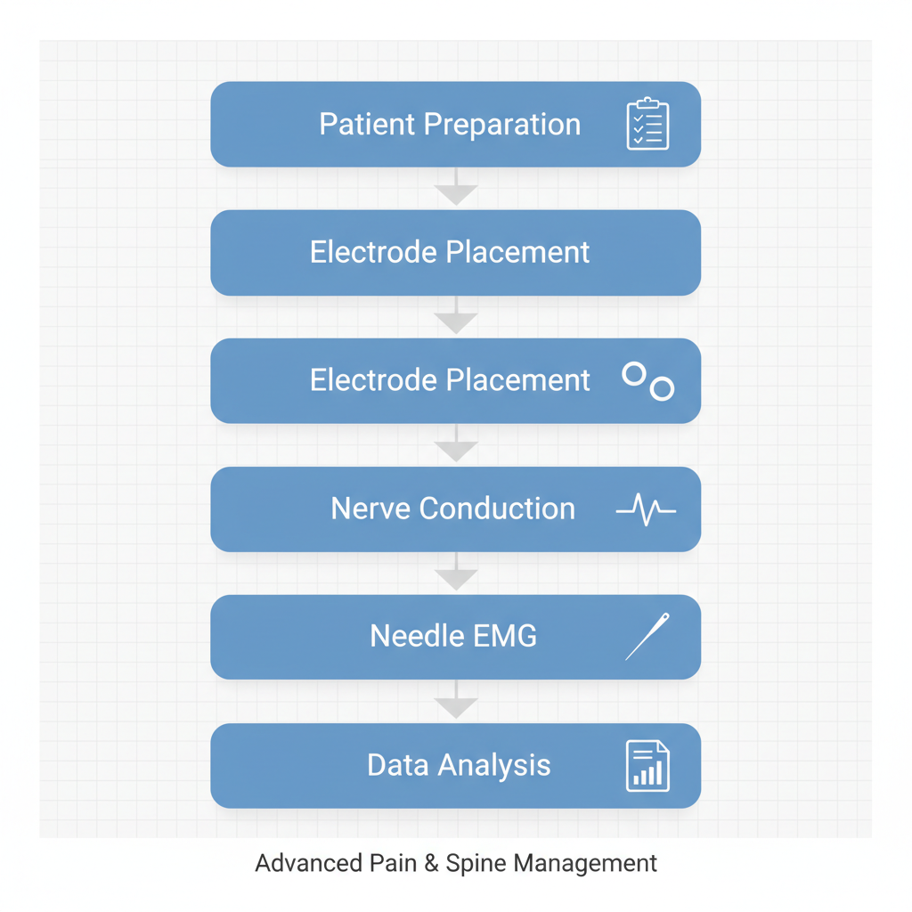 Vertical process flow diagram of EMG testing procedure with five stages and icons