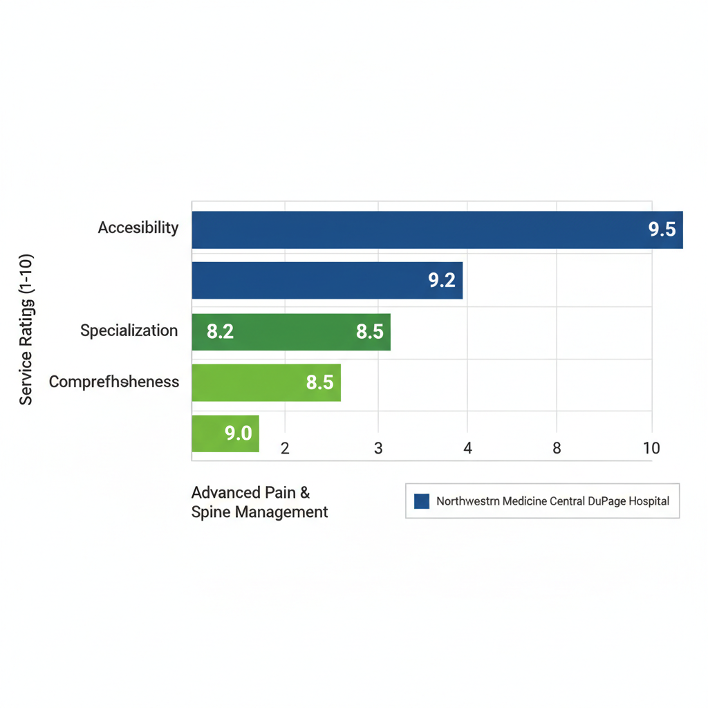 Horizontal bar chart comparing EMG testing providers Advanced Pain & Spine Management and Northwestern Medicine Central DuPage Hospital on accessibility, specialization, and comprehensiveness ratings.