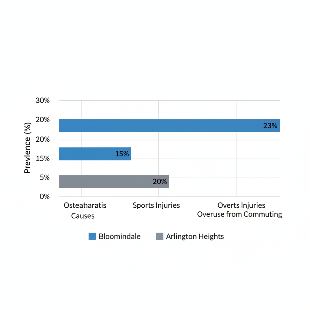 Horizontal bar chart comparing knee pain causes prevalence between Bloomingdale and Arlington Heights areas.