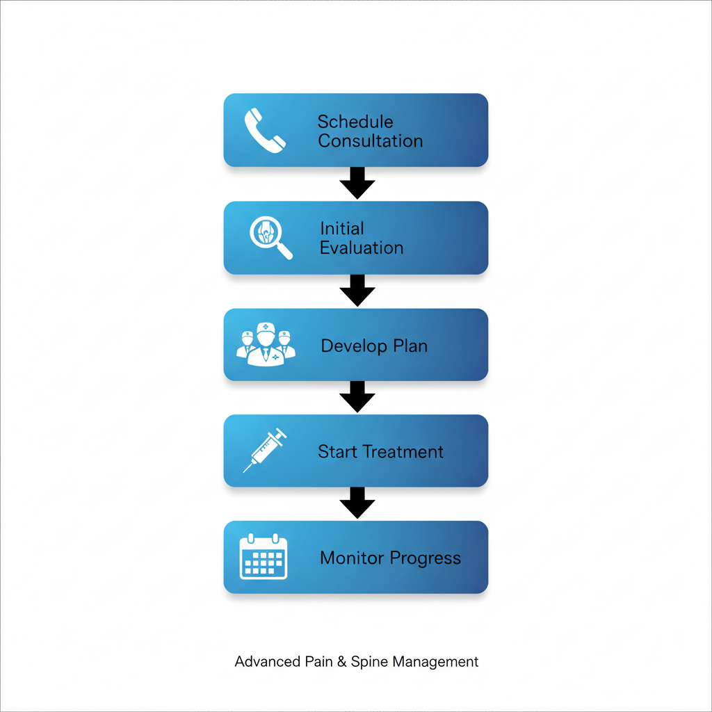 Vertical process flow diagram showing five steps for starting knee pain relief.