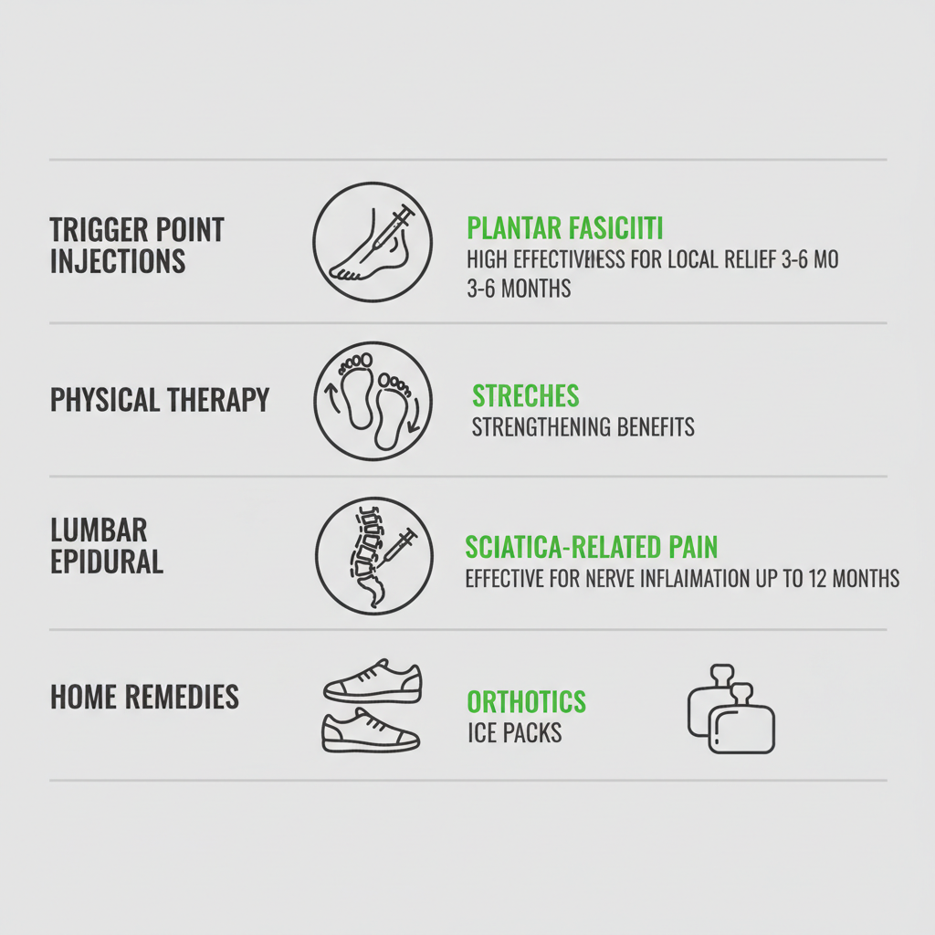 Comparison infographic of four non-surgical foot pain treatments: trigger point injections, physical therapy, lumbar epidural, and home remedies, featuring icons, benefits, and durations in green and gray tones.