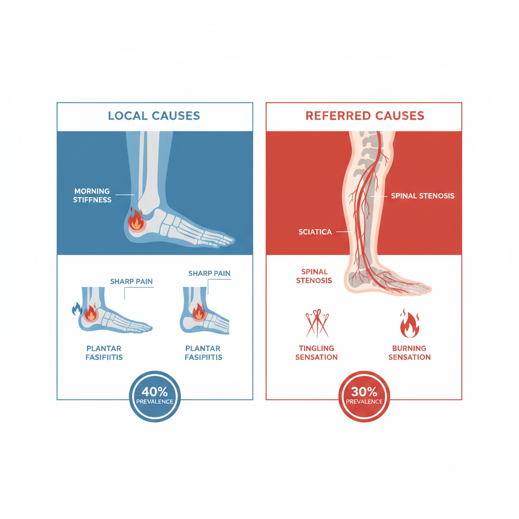 Infographic illustrating local and referred causes of foot pain, featuring anatomy diagrams, symptom icons, and prevalence statistics without any titles.
